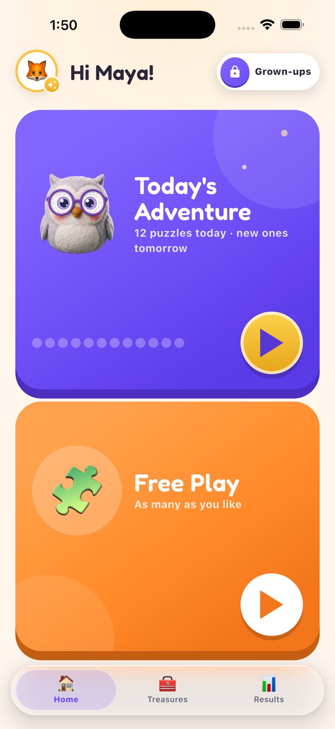 The Logic Cubs home screen: Today's Adventure and Free Play